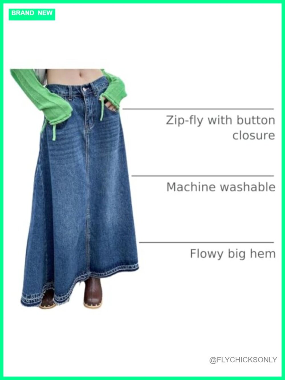 High Waist A-Line Maxi Denim Jean Skirt Raw Hem Fringe - Picture 3 of 6